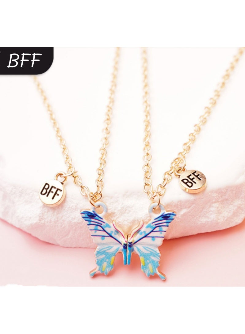 أروى 2 قطعة بفف القلائد الصداقة المغناطيسي القلائد أفضل الأصدقاء الأزرق عقد بحلية متدلية على شكل فراشة لطيف تصميم سلسلة القلائد ، للفتيات النساء الصداقة مجوهرات هدايا للأطفال - Image 2