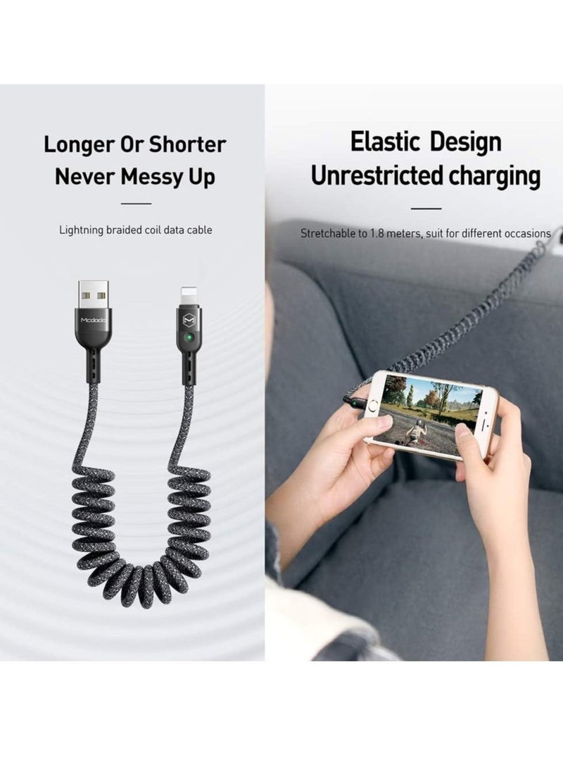 Mcdodo Coiled Elastic USB Cable for iPhone – Retractable Short Car Charger Cable for iPhone 11/11 Pro/11 Pro Max/X/XR/8/7 Plus – Stretchable to 1.8m (Straight, Black) - Image 3