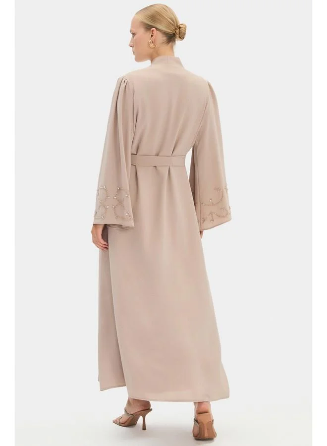 JUNE June Women Sleeve Embroidered and Waist Tie Detailed Abaya Stone