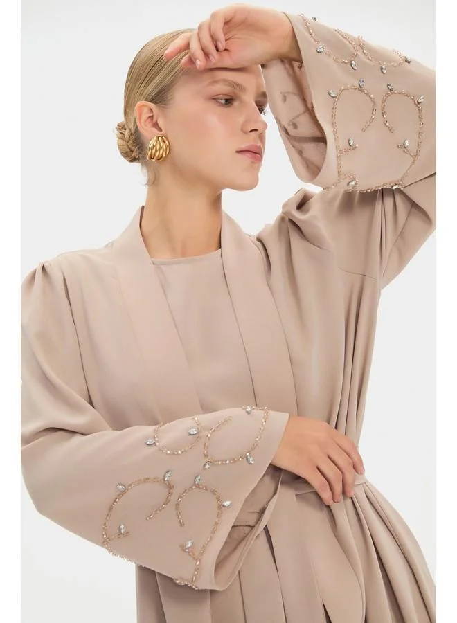 JUNE June Women Sleeve Embroidered and Waist Tie Detailed Abaya Stone