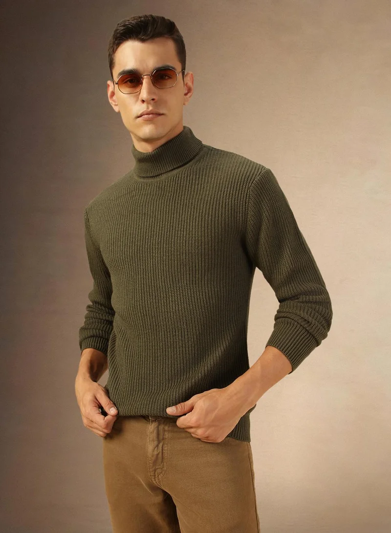 دينيس لينغو Men's Olive 100% Acrylic Solid Regular Fit Sweater
