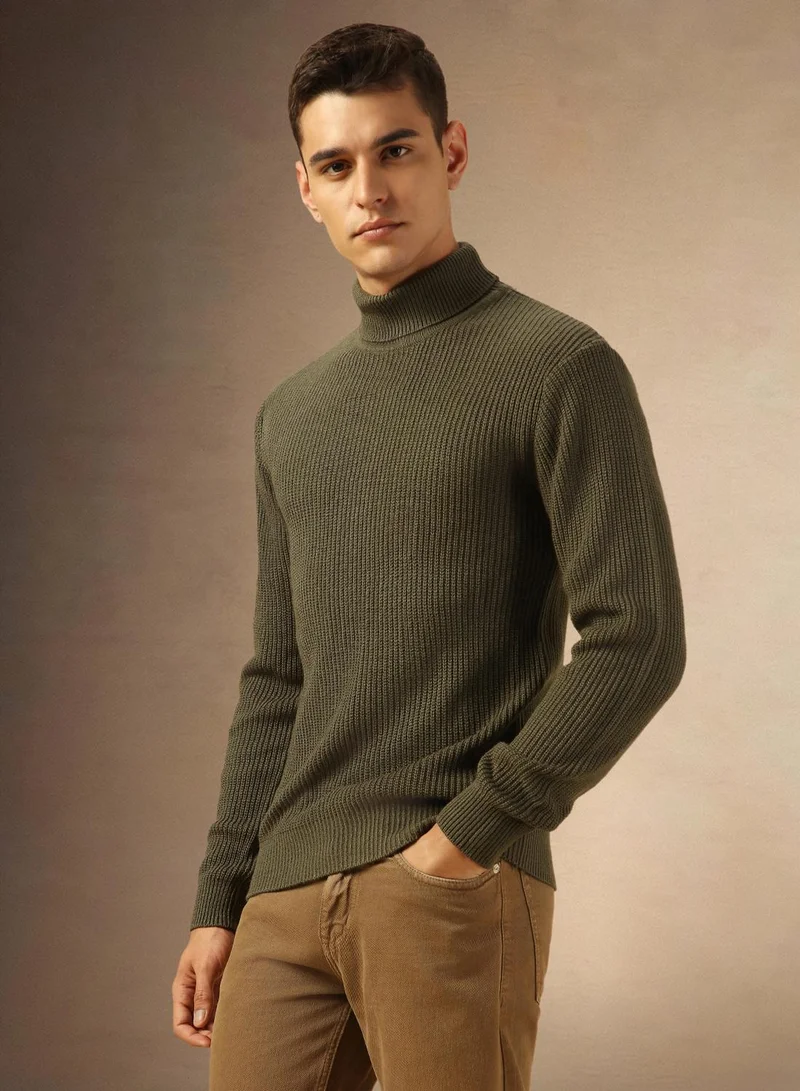 دينيس لينغو Men's Olive 100% Acrylic Solid Regular Fit Sweater