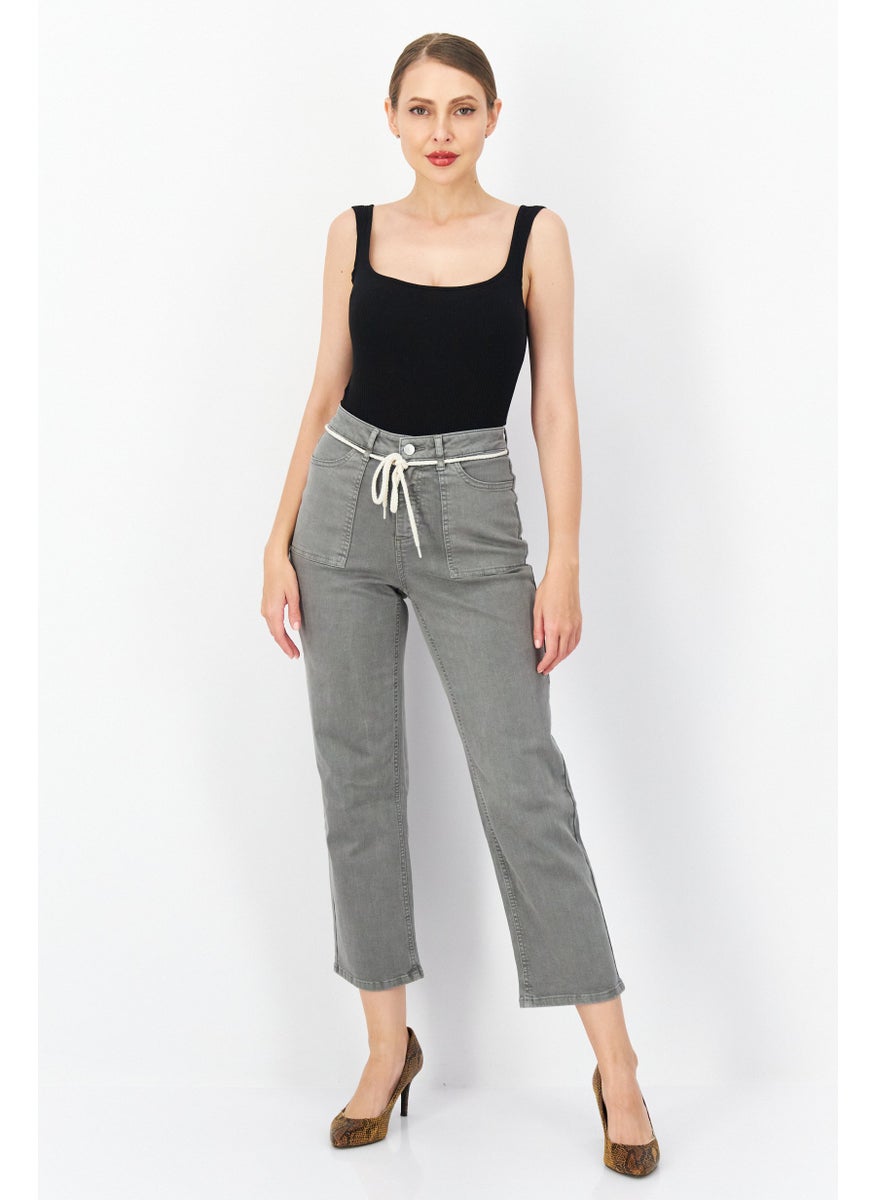 Zero - Women Regular Fit Drawstring Washed Denim Jeans, Grey - Image 1