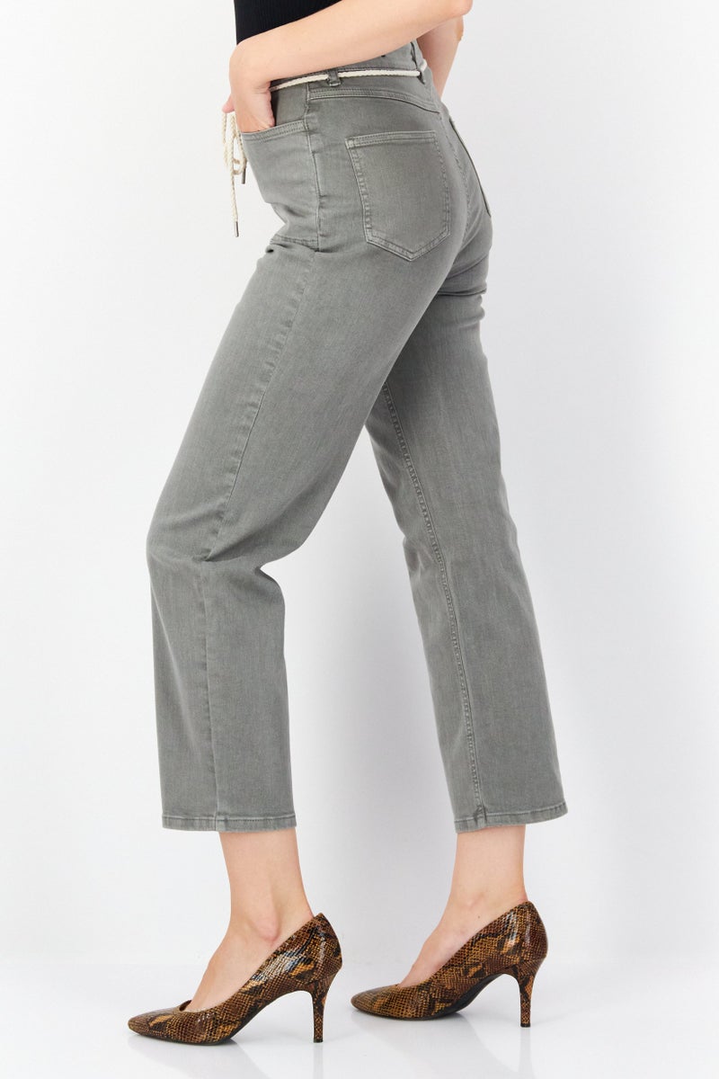 Zero Women Regular Fit Drawstring Washed Denim Jeans, Grey - Image 2