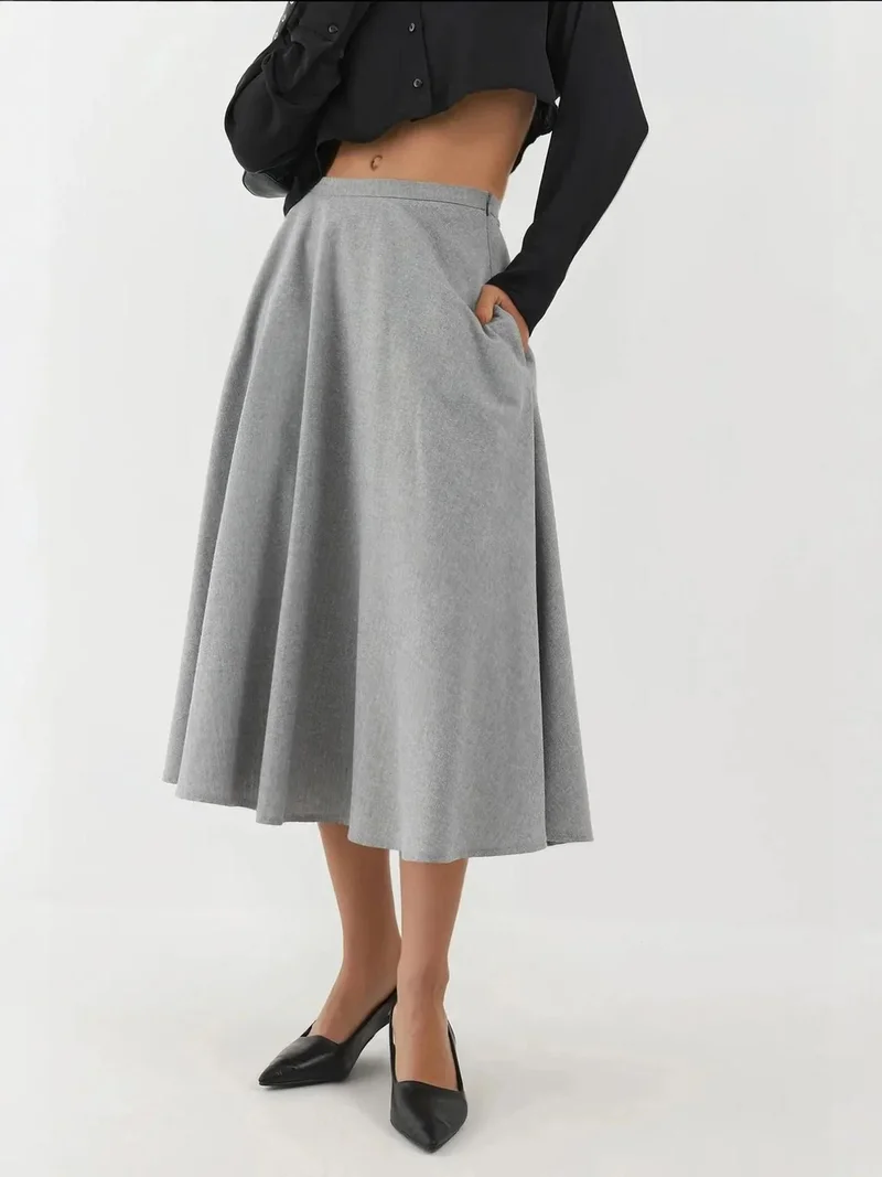 HICCUP High Waist Midi A-Form Skirt with Zipper Closure