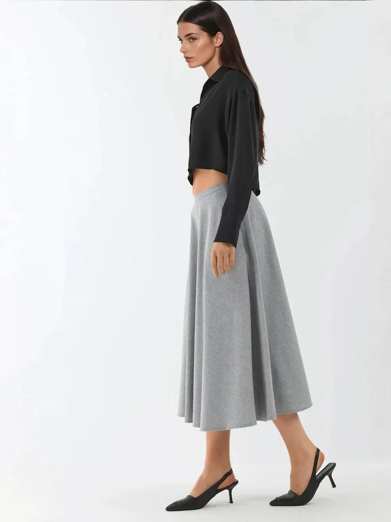 HICCUP High Waist Midi A-Form Skirt with Zipper Closure