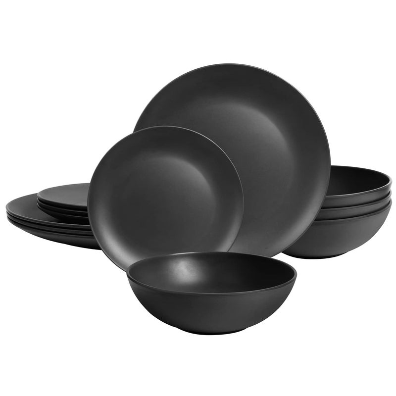 forlent Dinnerware Sets 12 pcs Black Plates and Bowls Sets Melamine Plates Indoor and Outdoor use Matte Black Dish Set Plate Set for 4 Dishwasher Safe(Round) - Image 1