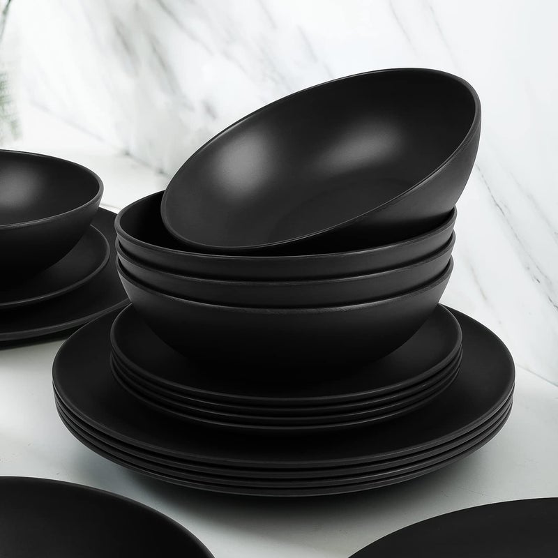 forlent Dinnerware Sets 12 pcs Black Plates and Bowls Sets Melamine Plates Indoor and Outdoor use Matte Black Dish Set Plate Set for 4 Dishwasher Safe(Round) - Image 2
