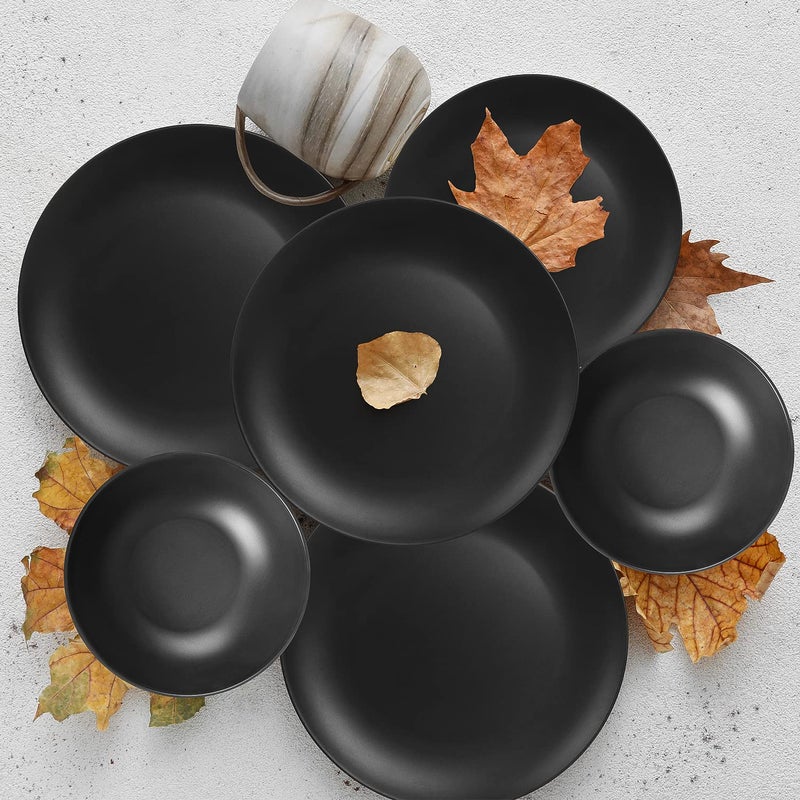 forlent Dinnerware Sets 12 pcs Black Plates and Bowls Sets Melamine Plates Indoor and Outdoor use Matte Black Dish Set Plate Set for 4 Dishwasher Safe(Round) - Image 5