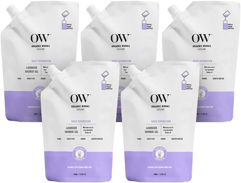 Organic Works Lavender Shower Gel Multipack 200ml Pack of 5 Natural Hydrating Body Wash Moisturising Shower Gel with Aloe Vera Geranium Oil For Gently Cleanses Firms Softens Dry Skin