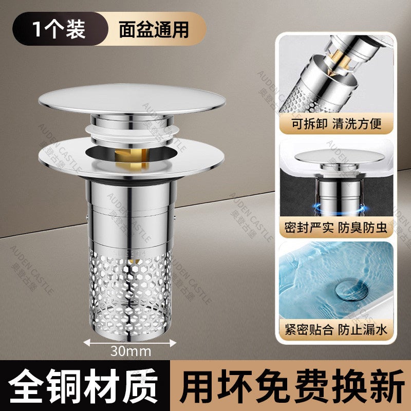 Washbasin Drain Plug, Press-Type Pop-Up Core, Universal Drain Stopper, Anti-Odor Device, Threaded Filter  Net - Image 1