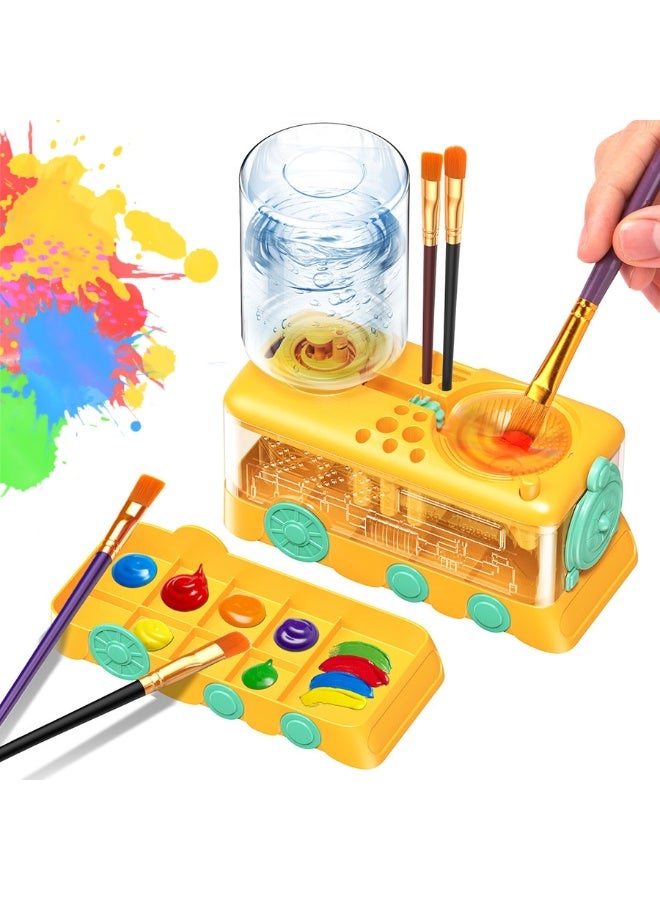 Kids Paint Brush Cleaner Machine | Train-Shaped Automatic Brush Washer with Water Circulation & Color Palette | Art Tool for Children, Artists & Classroom—Yellow