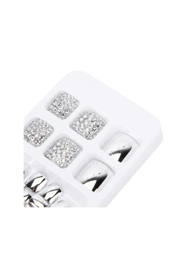 Generic - False Toe Nails Rhinestone Bling Nails, 24 Pcs Glitter Silver False Toenails Press on Full Coverage, Full Cover Big Toe Fake Toe Short Nails Art Tips Artifical Acrylic Foot Nail Tips for Women and Girls - Image 1