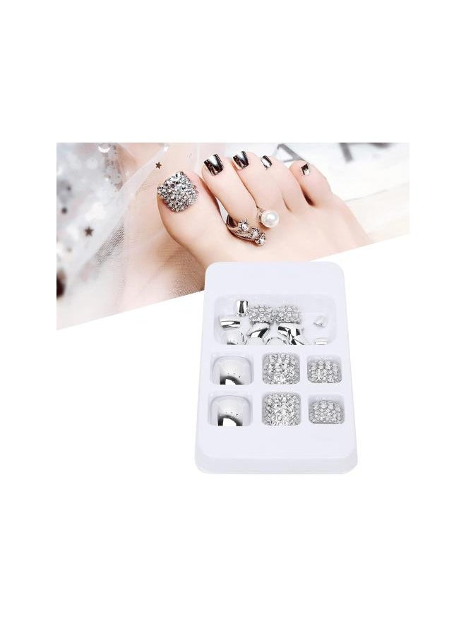 Generic - False Toe Nails Rhinestone Bling Nails, 24 Pcs Glitter Silver False Toenails Press on Full Coverage, Full Cover Big Toe Fake Toe Short Nails Art Tips Artifical Acrylic Foot Nail Tips for Women and Girls - Image 1