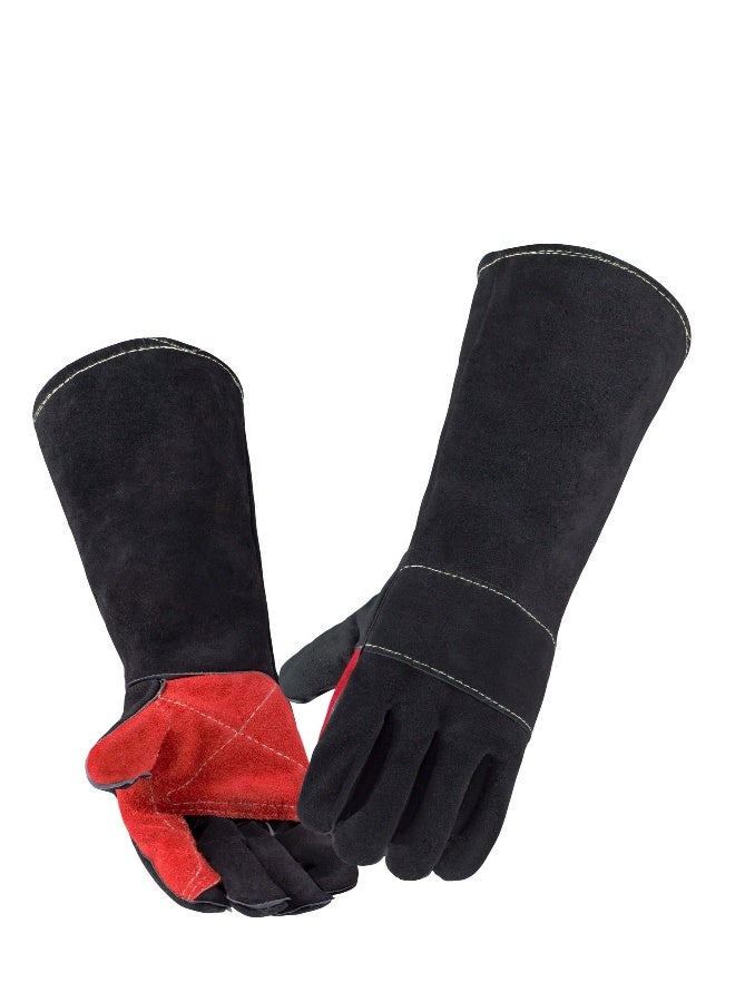 17.7 Inches 662℉,Leather Forge Welding Gloves, Heat/Fire Resistant for BBQ,Oven,Grill,Fireplace,Tig,Mig,Baking,Furnace,Stove,Pot Holder,Animal Handling Glove(Black)