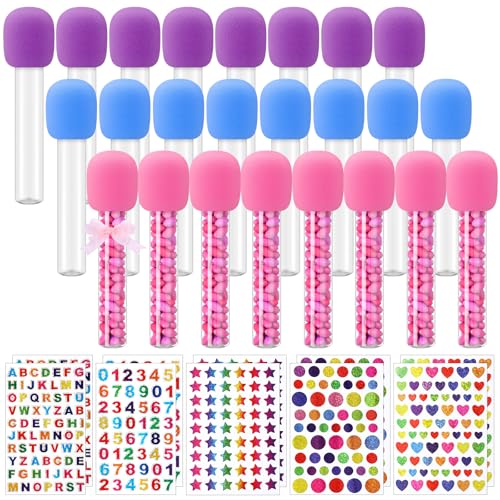 Newtay 24 Pcs Microphone Candy Tubes Kpop Themed Birthday Party Decor 10 Fake Plastic Microphone Prop Toy with Stickers for Karaoke Disco Singer Stage Favors Candy Not Included PurplePinkBlue - Image 1