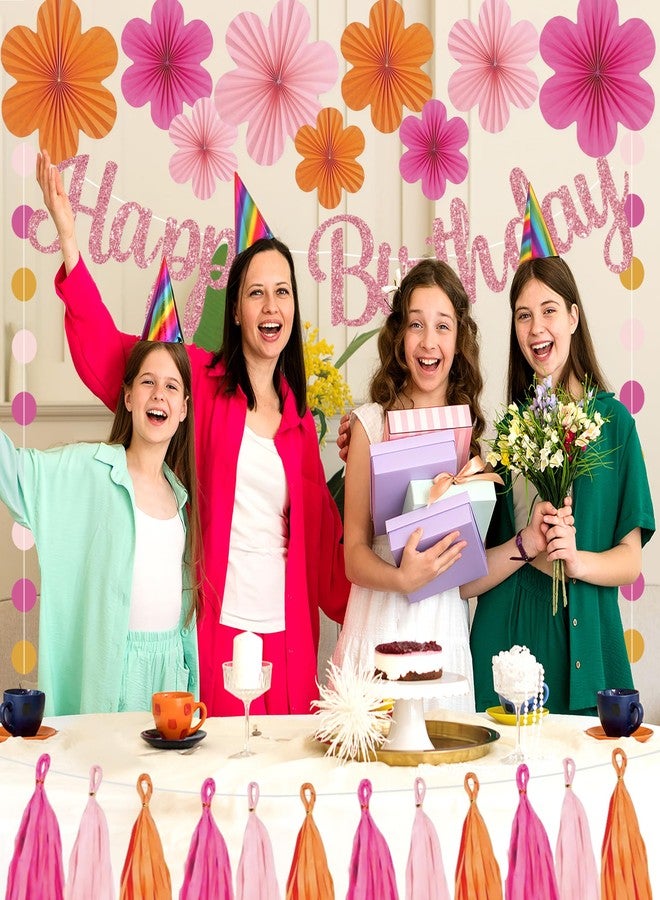 Roetyce Flower Birthday Decorations, Pink Happy Birthday Banner Paper Fan Tassel for Women, Orange Floral Themed Girls BDay Party Supplies, Boho Garland Photo Background Backdrop - Image 5