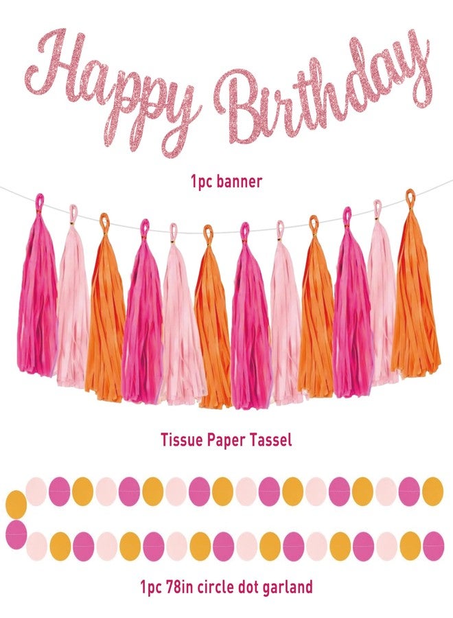 Roetyce Flower Birthday Decorations, Pink Happy Birthday Banner Paper Fan Tassel for Women, Orange Floral Themed Girls BDay Party Supplies, Boho Garland Photo Background Backdrop - Image 3