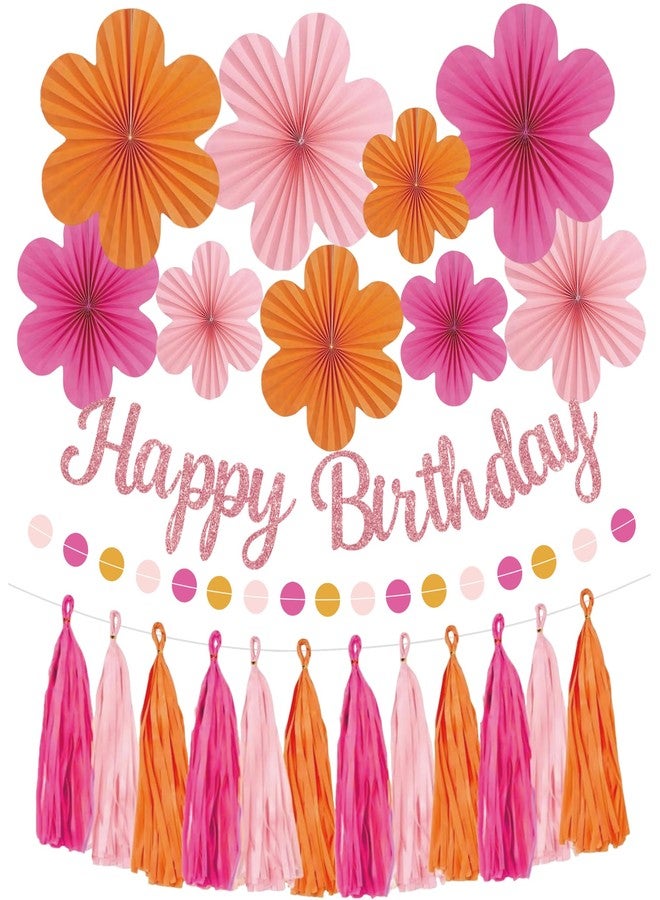Roetyce Flower Birthday Decorations, Pink Happy Birthday Banner Paper Fan Tassel for Women, Orange Floral Themed Girls BDay Party Supplies, Boho Garland Photo Background Backdrop - Image 1