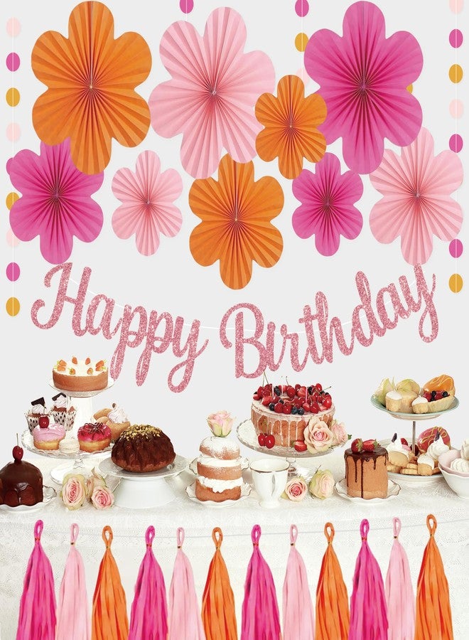 Roetyce Flower Birthday Decorations, Pink Happy Birthday Banner Paper Fan Tassel for Women, Orange Floral Themed Girls BDay Party Supplies, Boho Garland Photo Background Backdrop - Image 4