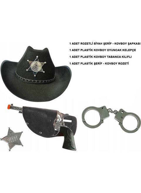 Child Boy Black Sheriff-Cowboy Hat Gun Badge and Handcuff Set 4 Pieces