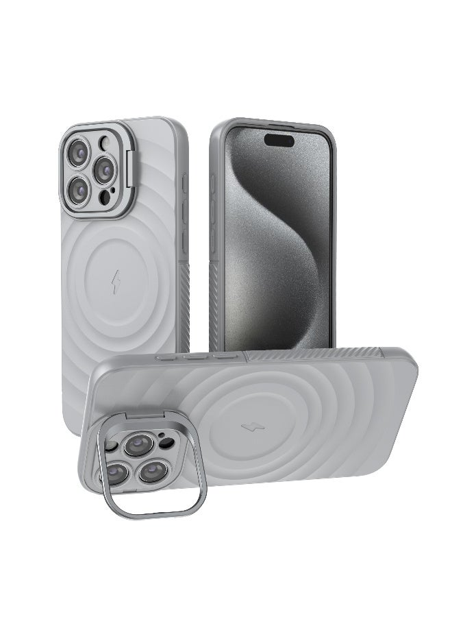 Cover For iPhone 15 Pro Max  Magnetic Phone Corrugated Anti Drop Full Lens Coverage Phone Case with Holder Stand - Gray - Image 1