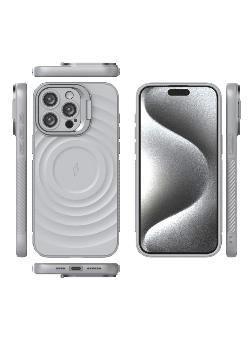 Cover For iPhone 15 Pro Max  Magnetic Phone Corrugated Anti Drop Full Lens Coverage Phone Case with Holder Stand - Gray - Image 2