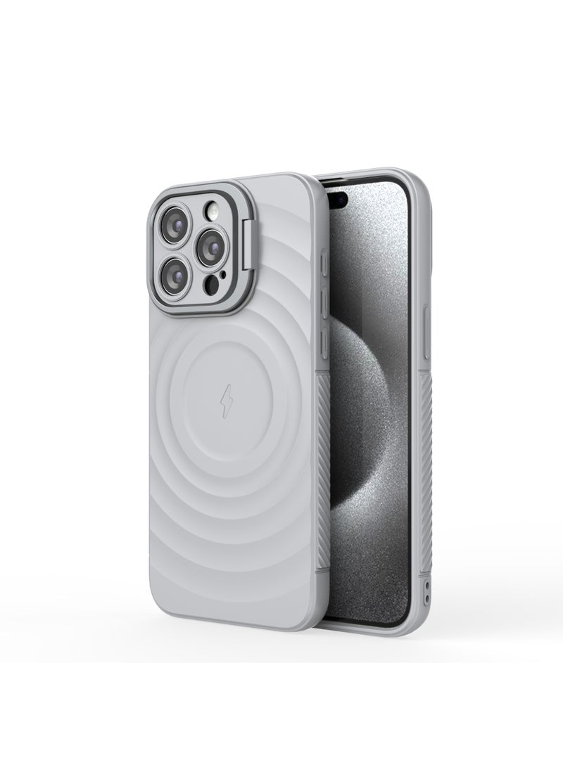 Cover For iPhone 15 Pro Max  Magnetic Phone Corrugated Anti Drop Full Lens Coverage Phone Case with Holder Stand - Gray - Image 3