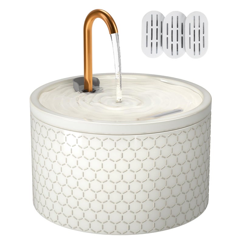 MISFANS Ceramic Cat Water Fountain - 2.1L/71oz - Honeycomb Embossed All-Ceramic Body & Pure Copper Spout - Non-Toxic & Automatic Pet Drinking Fountain Indoor with Ultra-Quiet Pump, 3 Filters & Sponge - Image 1