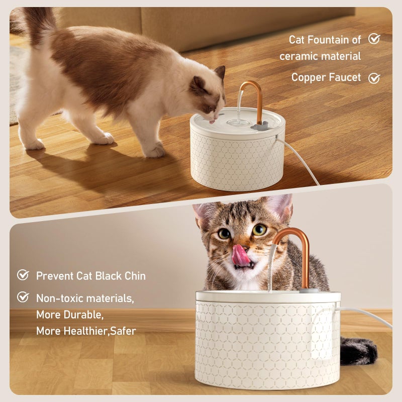 MISFANS Ceramic Cat Water Fountain - 2.1L/71oz - Honeycomb Embossed All-Ceramic Body & Pure Copper Spout - Non-Toxic & Automatic Pet Drinking Fountain Indoor with Ultra-Quiet Pump, 3 Filters & Sponge - Image 4