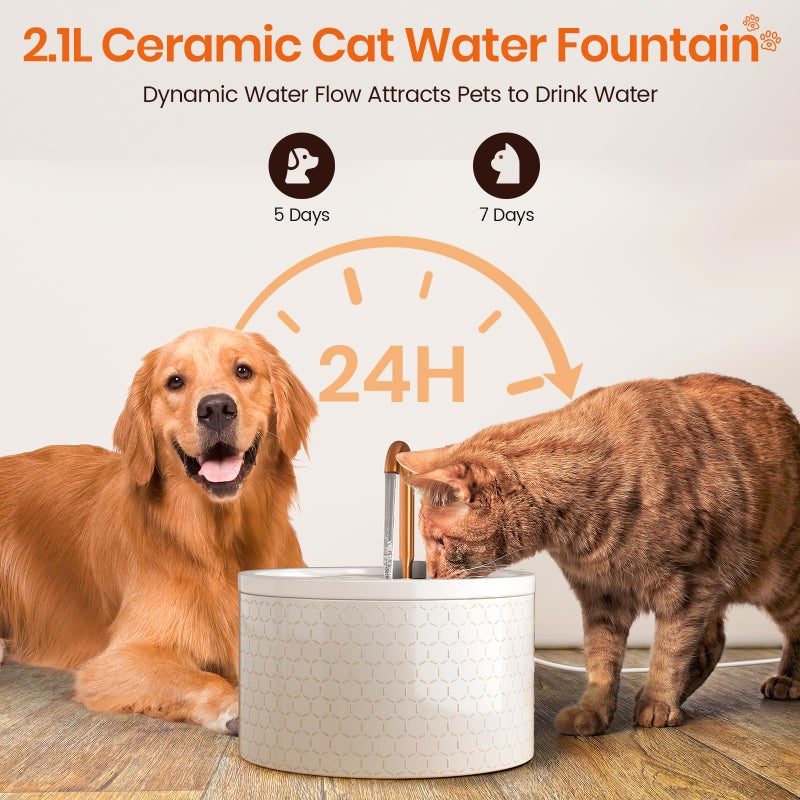 MISFANS Ceramic Cat Water Fountain - 2.1L/71oz - Honeycomb Embossed All-Ceramic Body & Pure Copper Spout - Non-Toxic & Automatic Pet Drinking Fountain Indoor with Ultra-Quiet Pump, 3 Filters & Sponge - Image 5