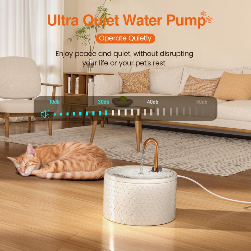 MISFANS Ceramic Cat Water Fountain - 2.1L/71oz - Honeycomb Embossed All-Ceramic Body & Pure Copper Spout - Non-Toxic & Automatic Pet Drinking Fountain Indoor with Ultra-Quiet Pump, 3 Filters & Sponge - Image 3