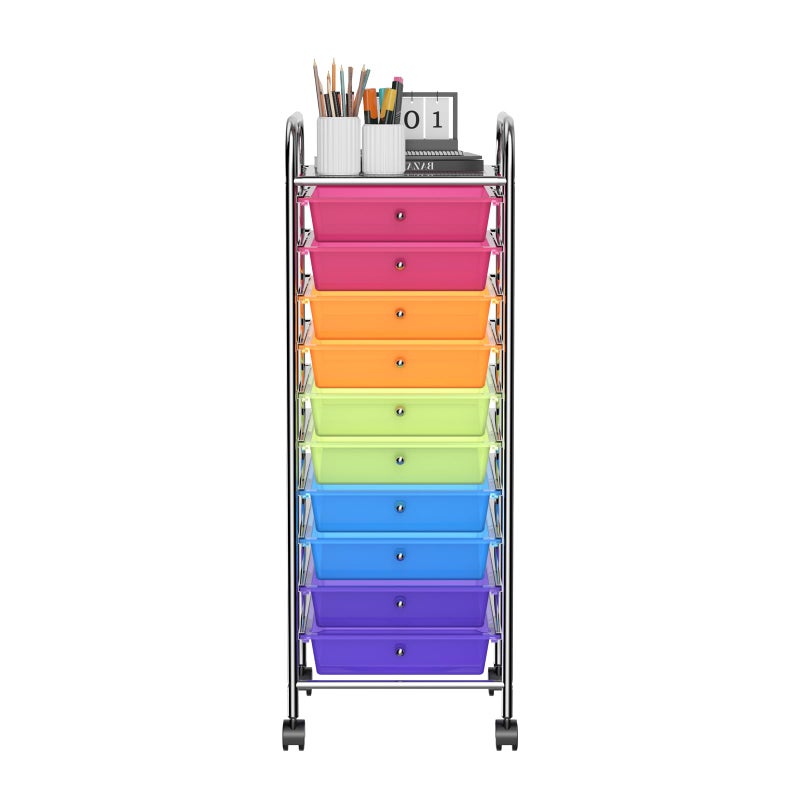 OFFICEJOY عربة تخزين OFFICEJOY، عربة متعددة الاستخدامات بعجلات مع 10 أدراج، مقابض محمولة وعجلات قابلة للقفل، منظم تخزين للألعاب الورقية بسعة كبيرة للمكتب المنزلي والمدرسة والمعلم (قوس قزح) - Image 1