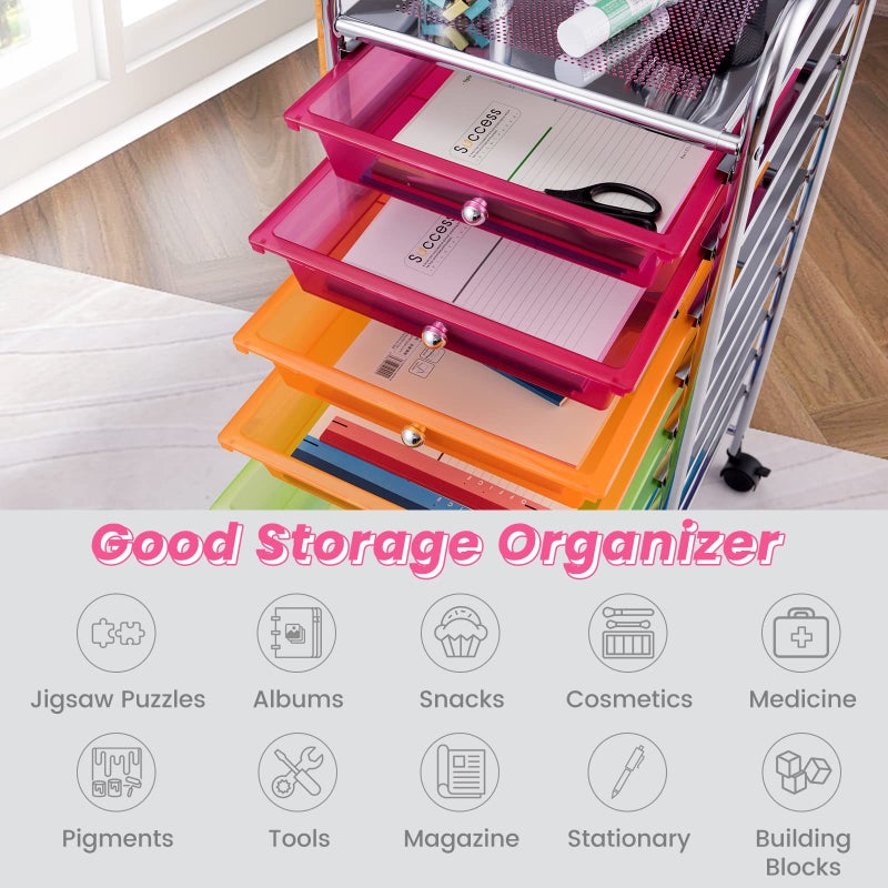 OFFICEJOY عربة تخزين OFFICEJOY، عربة متعددة الاستخدامات بعجلات مع 10 أدراج، مقابض محمولة وعجلات قابلة للقفل، منظم تخزين للألعاب الورقية بسعة كبيرة للمكتب المنزلي والمدرسة والمعلم (قوس قزح) - Image 3