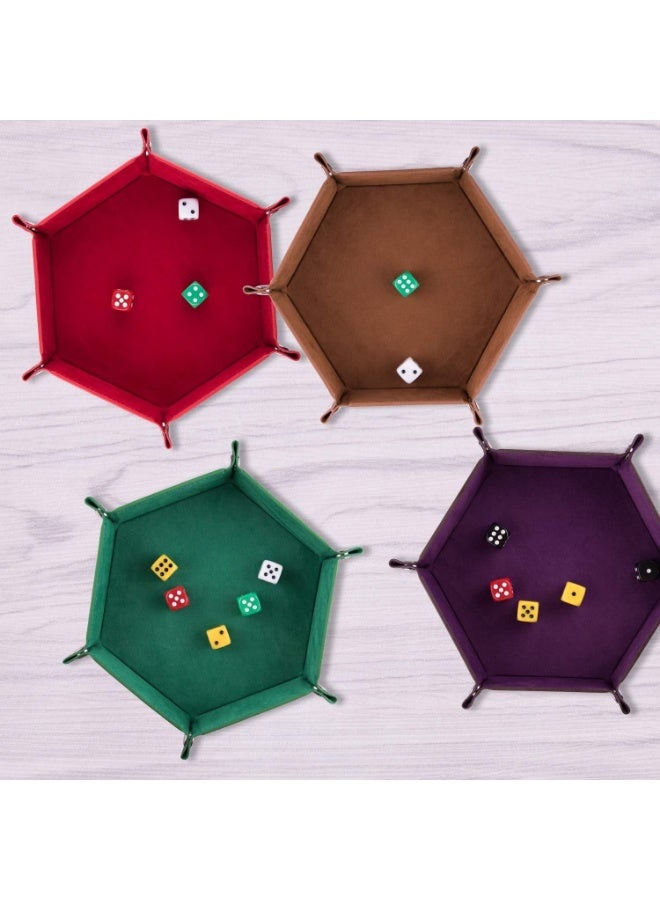 4 Pcs Dice Tray Metal Dice Rolling Foldable Tray Set Hexagon Dice Holder Tray PU Leather Holder for Dice Games Like RPG DND and Other Table Games (Purple Brown Green Red) - Image 5