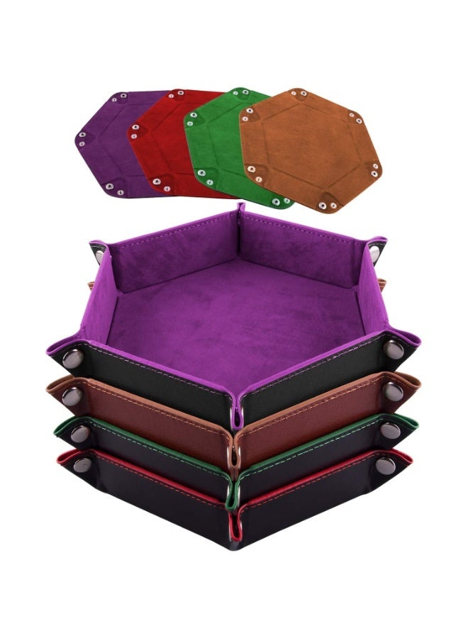4 Pcs Dice Tray Metal Dice Rolling Foldable Tray Set Hexagon Dice Holder Tray PU Leather Holder for Dice Games Like RPG DND and Other Table Games (Purple Brown Green Red) - Image 1