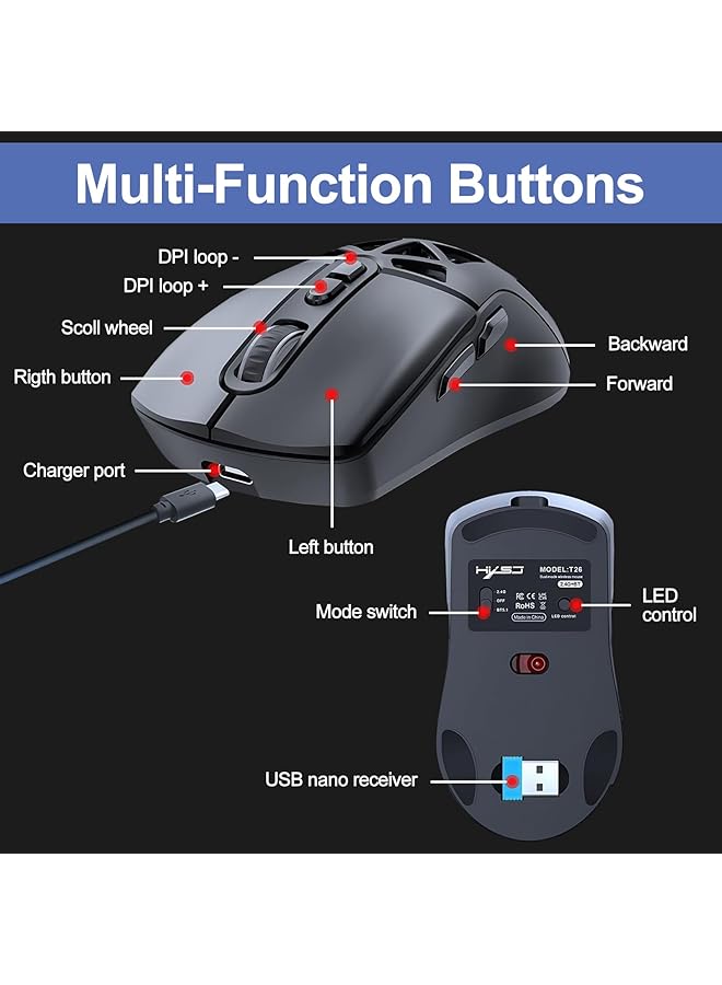 LAXDAMRE Wireless Gaming Mouse Bt5.1 + 2.4G Dual Mode & 7 Button Gaming Mouse & Usb Receiver ماوس قيمنق لاسلكي Up To 4800 Dpi Rechargeable Mouse With Rgb Backlight For Mac Laptop Computer Pc  - Image 3