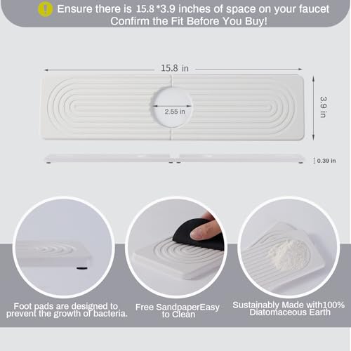 Fatilin Stone Faucet Mat for Kitchen Sink, Faucet Mat Fast Drying Diatomite, Sink Splash Guard Water Absorbing Stone Tray for Sink, Counter Protector for Kitchen & Bathroom - Image 2