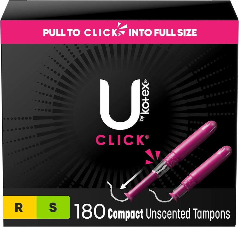U by Kotex U by Kotex Click Multipack Tampons, Compact, Regular/Super Absorbency, Unscented, 180 Count (6 Packs of 30) (Packaging May Vary) 