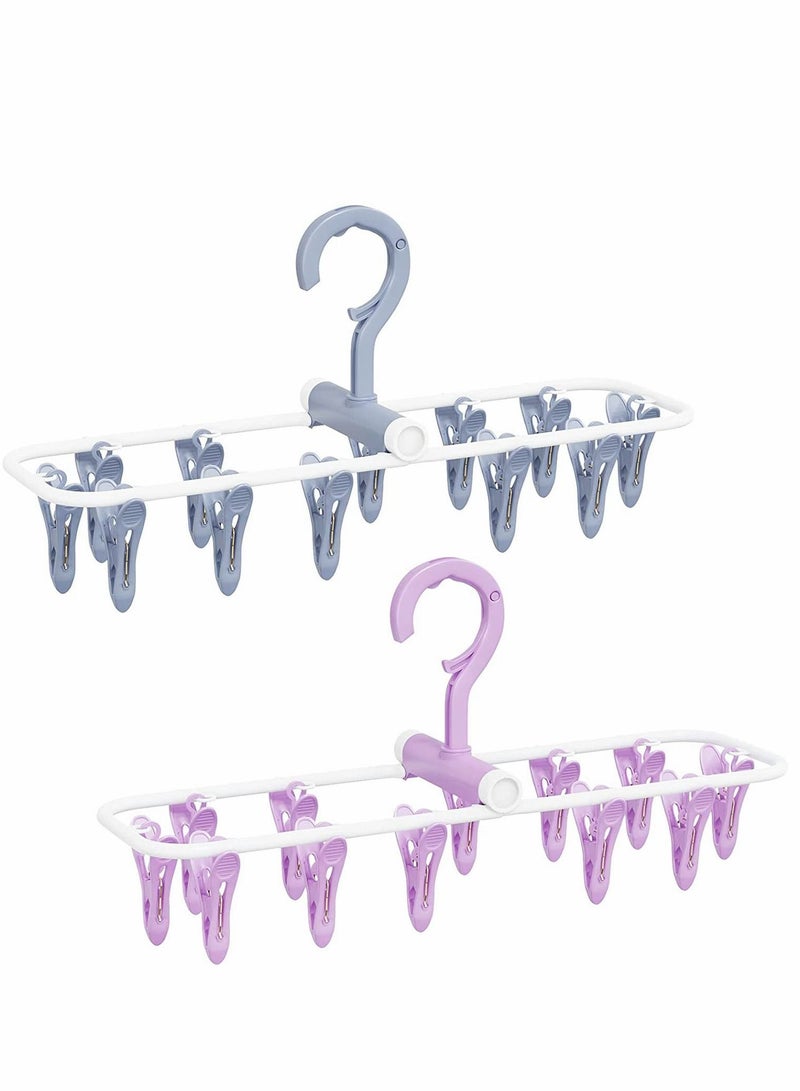 Foldable Clip Hangers with 12 Drying Clips 2Pack Underwear Hanger Clips, Plastic Laundry and Drip for Socks, Lingerie, Clothes, Sturdy, Blue+Purple - Image 1