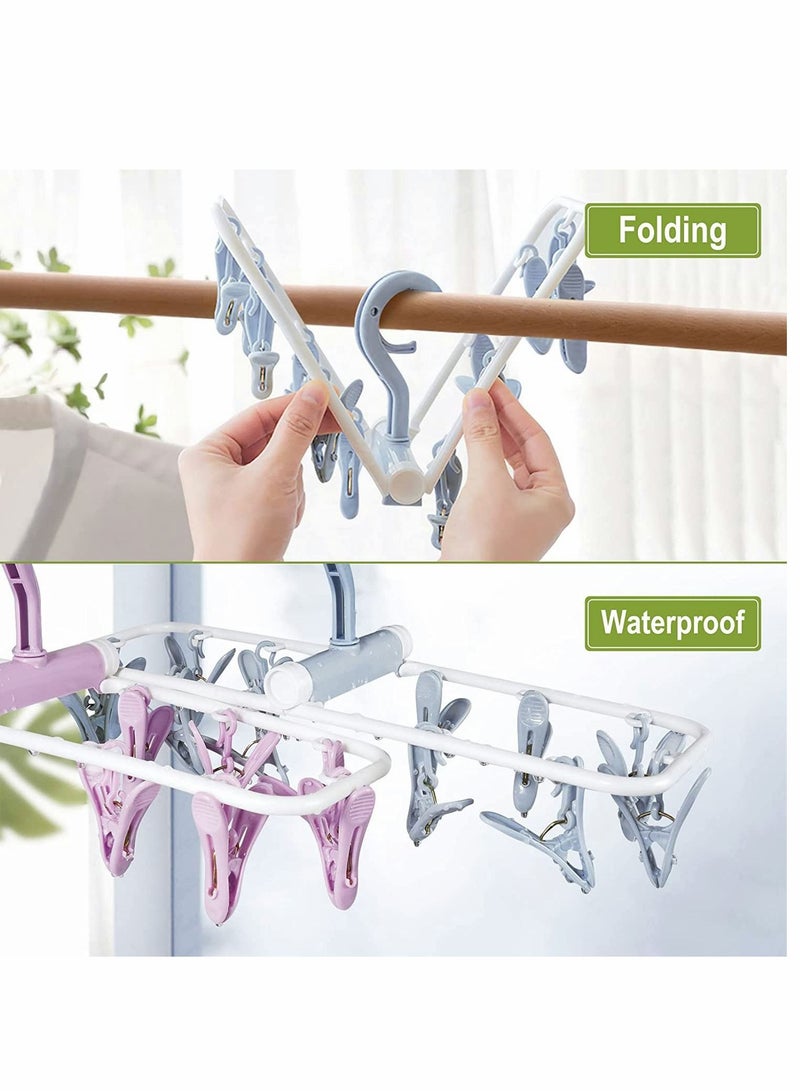 Foldable Clip Hangers with 12 Drying Clips 2Pack Underwear Hanger Clips, Plastic Laundry and Drip for Socks, Lingerie, Clothes, Sturdy, Blue+Purple - Image 4