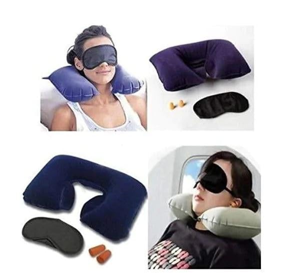 S Cart S Cart 3in1 Travel Inflatable Nylon Neck Air Cushion Pillow with Eye Mask and 2 Ear Plugs Set of 3  - Image 4