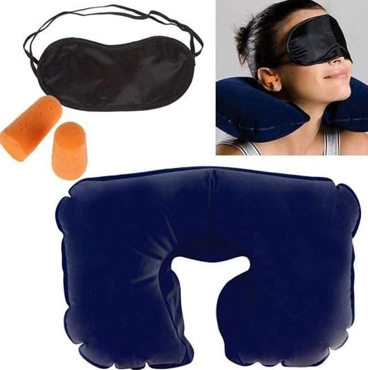 S Cart S Cart 3in1 Travel Inflatable Nylon Neck Air Cushion Pillow with Eye Mask and 2 Ear Plugs Set of 3  - Image 2