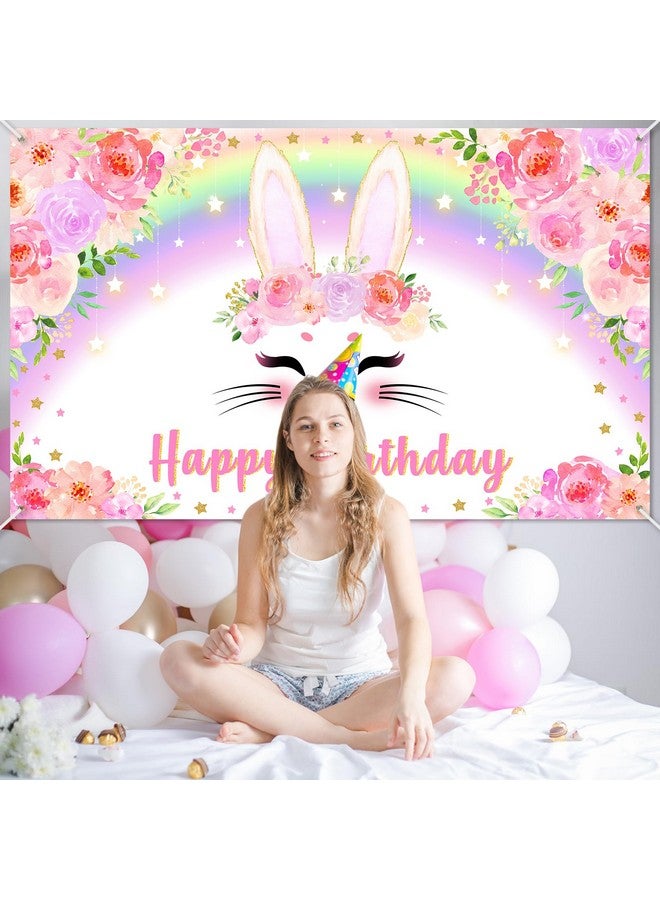 Avezano Bunny Birthday Banner Pink Floral Rainbow Bunny Happy Birthday Party Decorations Bunny Birthday Banner Decorations for Girls Rabbit Spring Easter Birthday Party Supplies 70.8 x 43.3 Inch - Image 3