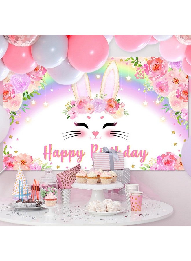Avezano Bunny Birthday Banner Pink Floral Rainbow Bunny Happy Birthday Party Decorations Bunny Birthday Banner Decorations for Girls Rabbit Spring Easter Birthday Party Supplies 70.8 x 43.3 Inch - Image 2