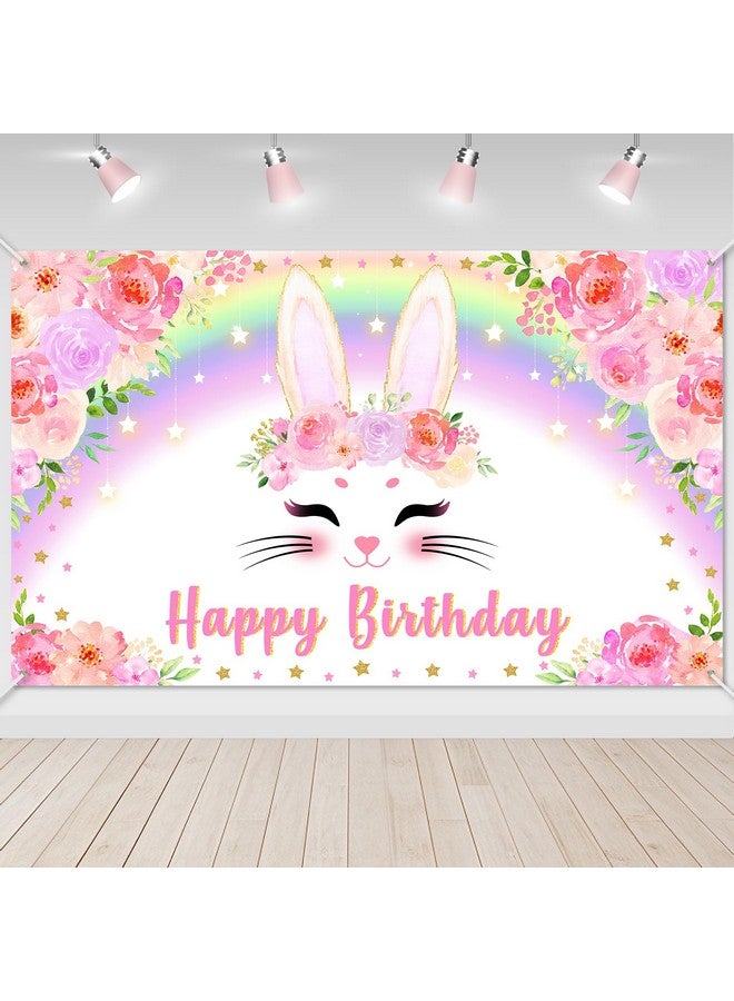 Avezano Bunny Birthday Banner Pink Floral Rainbow Bunny Happy Birthday Party Decorations Bunny Birthday Banner Decorations for Girls Rabbit Spring Easter Birthday Party Supplies 70.8 x 43.3 Inch - Image 1