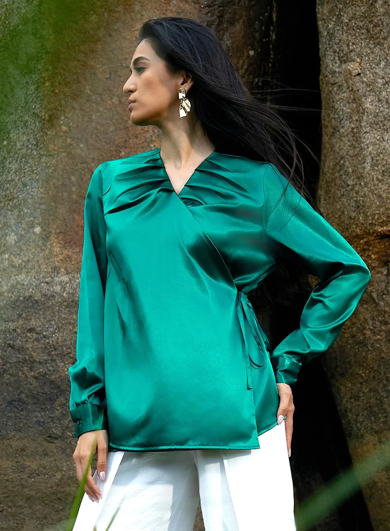 بينيا كولادا PINACOLADA Women's Emerald Green Satin Wrap Top For Casual Wear | V Neck | Long Sleeve | Tie-Up Closure | Top Designed With Comfortable Fit For Woman & Girls
