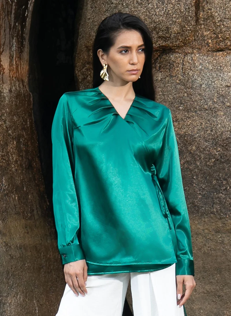بينيا كولادا PINACOLADA Women's Emerald Green Satin Wrap Top For Casual Wear | V Neck | Long Sleeve | Tie-Up Closure | Top Designed With Comfortable Fit For Woman & Girls