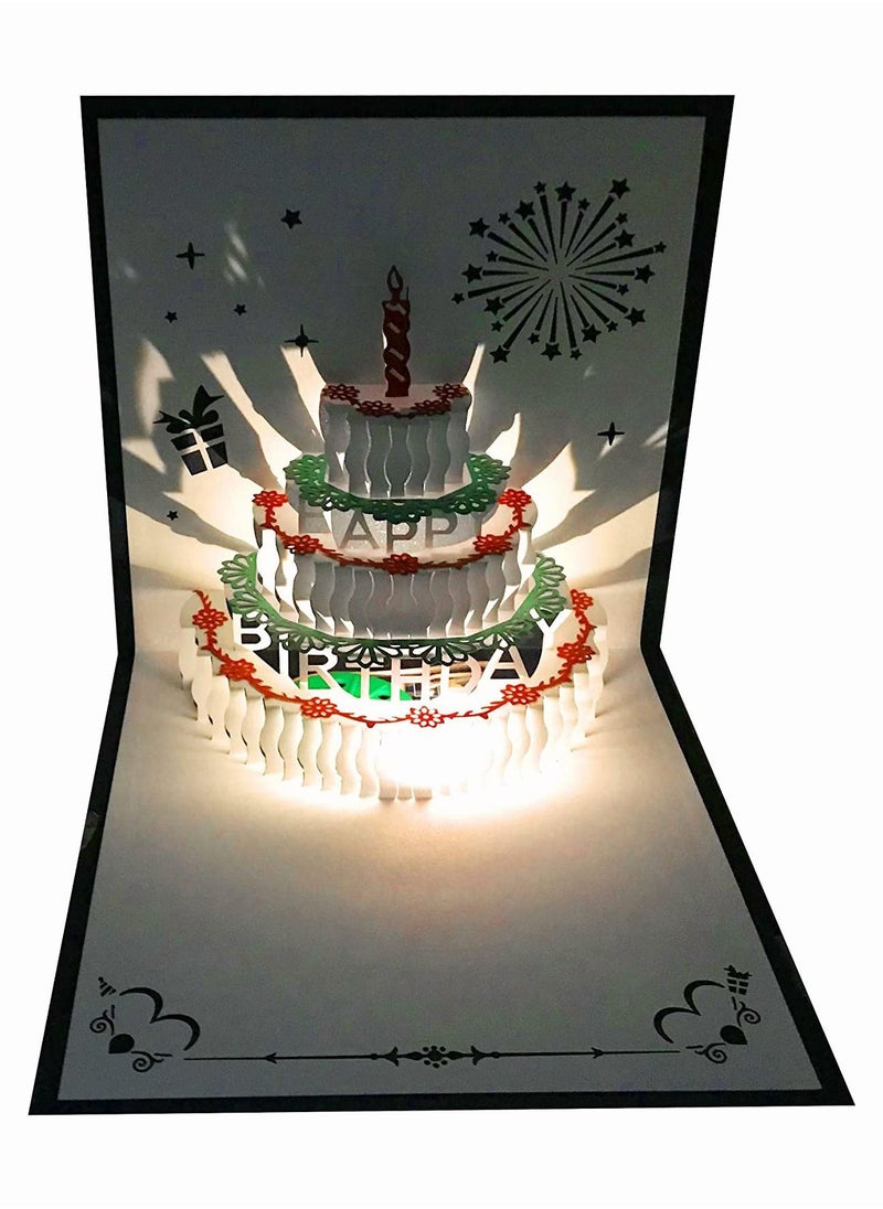 SYOSI - 3D Birthday Cards, SYOSI Warming LED Light Birthday Cake Music Happy Birthday Card Postcards Pop Up Greeting Cards Laser Cut Cards Best for Mom, Wife, Sister, Boy, Girl (1 Pack 5.9 Inch) - Image 1