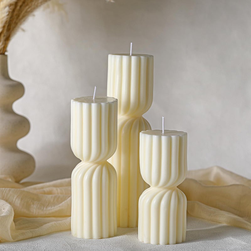 Conelist Ribbed Pillar Candles Set of 3 Width 24 High 55 7 9 Handmade Scented Soy Wax Candle Natural Aesthetic Candles Housewarming Gift Decorative Candles for Home DecorWhite